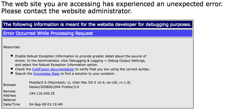 Error Coldfusion a Spore